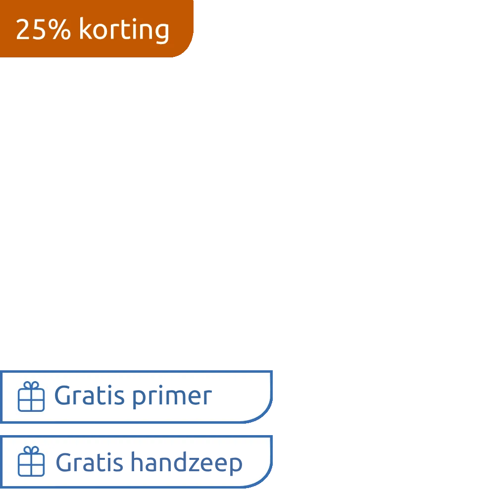 Actielabel 25 procent korting met gratis hadnzeep en primer cadeau