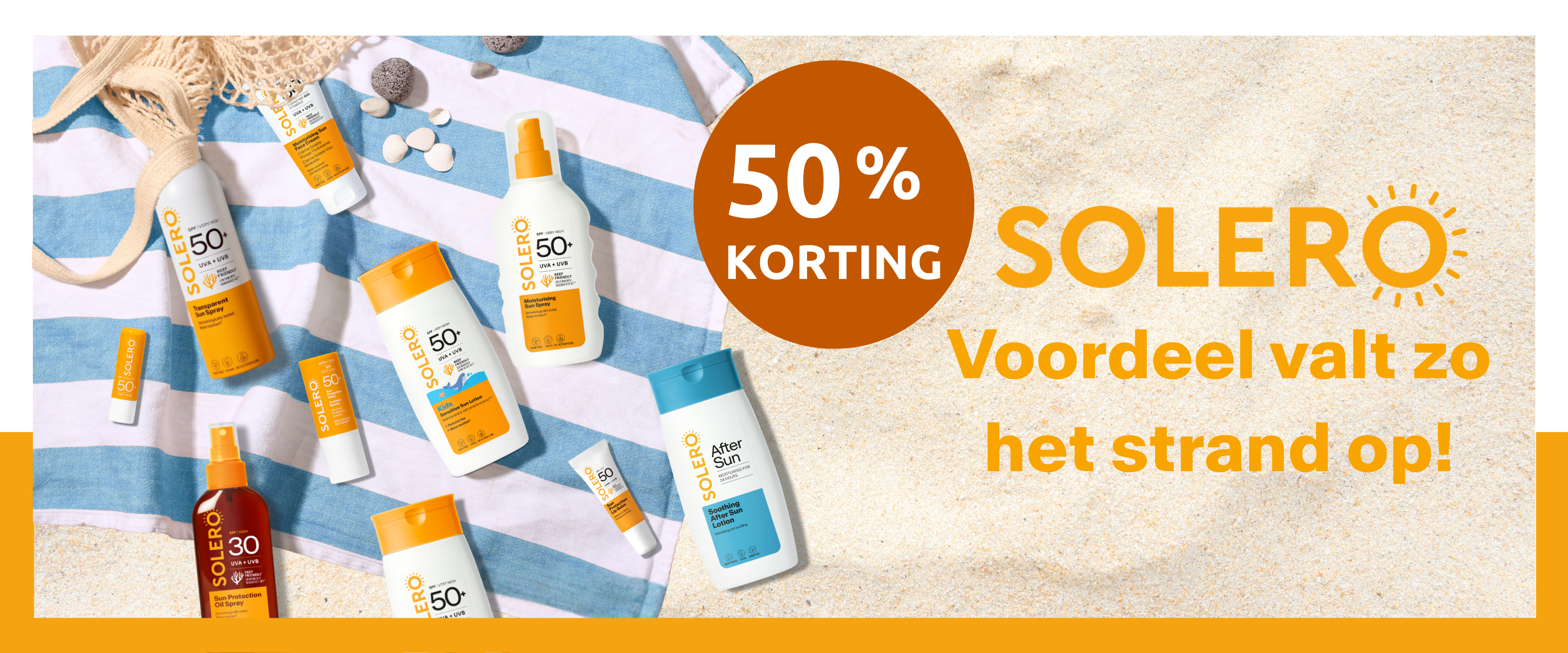 Actiebanner die 50% korting op alle SOLERO zonproducten weergeeft.