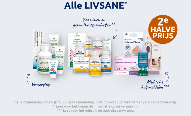 Actiebanner voor merk LIVSANE met tweede halve prijs korting