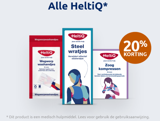 Actiebanner voor het merk HeltiQ met oranje bol die 20% korting aangeeft.