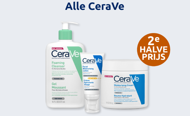 Actiebanner voor merk CeraVe met oranje bol die 2e halve prijs korting aangeeft.