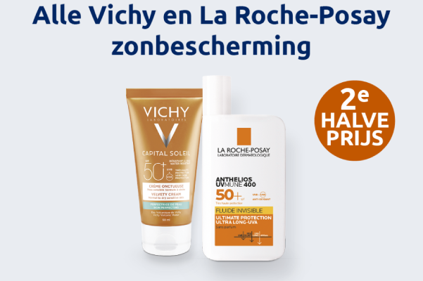 Actiebanner voor zonnebrand van de merken Vichy en La Roche-Posay met oranje bol die 2e halve prijs korting aangeeft.