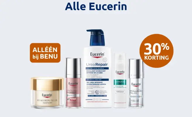 Actiebanner voor merk Eucerin met actiebol die 30% korting aangeeft.