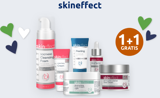 Actiebanner voor merk skineffect met oranje bol die 1+1 gratis korting aangeeft.