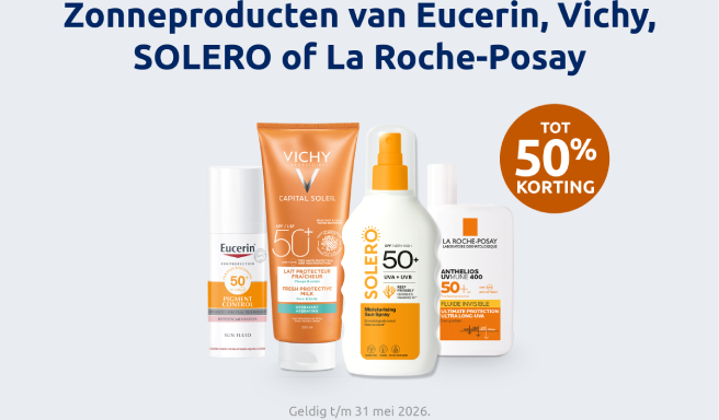 Klikbare afbeelding die naar een actiepagina voor zonproducten van Eucerin, Vichy, SOLERO en La Roche-Posay tot 50% korting