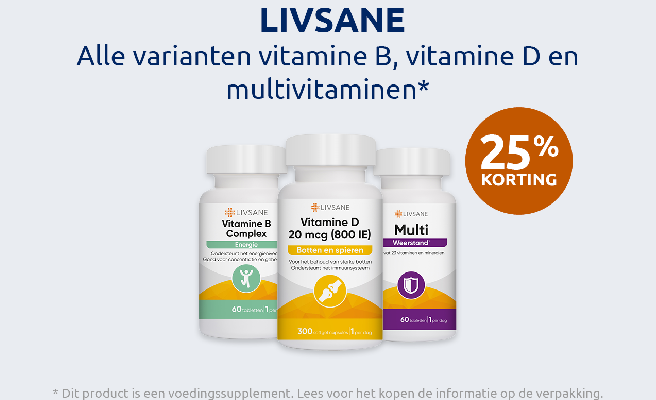 Actiebanner voor het merk LIVSANE met oranje bol die 25% korting aangeeft.