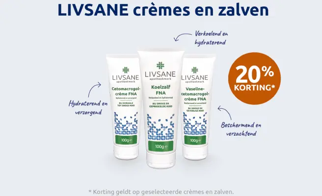 Actiebanner voor het merk LIVSANE crèmes en zalven met oranje bol die 20% korting aangeeft.