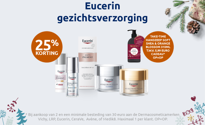 Actiebanner voor merk Eucerin met oranje bol die 25% korting aangeeft.