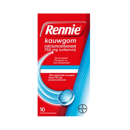 Rennie Calciumcarbonaat 750mg Suikervrij Kauwgom 10 stuks